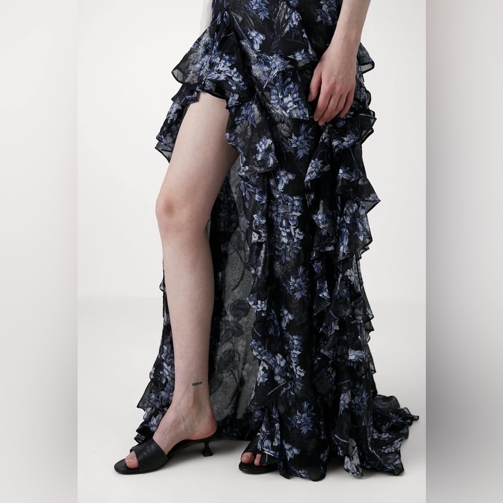 CINQ A SEPT Coastal Floral Glenda Cascading Ruffle Lurex Metallic Dress 12 NWT - Picture 5 of 16